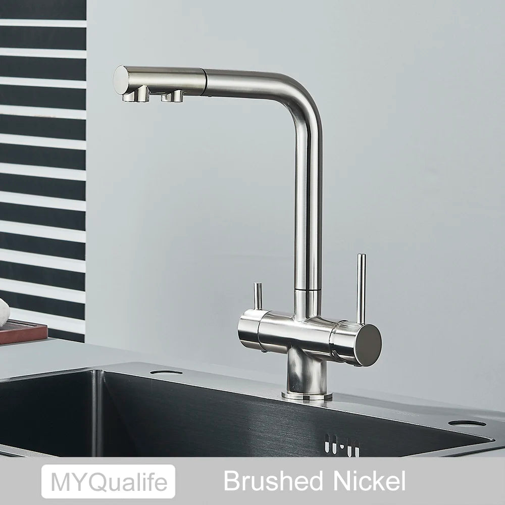 3-Way Kitchen Faucet – Dual Handle Pull-Out Filter Tap for Hot, Cold & Purified Water - stirhaus