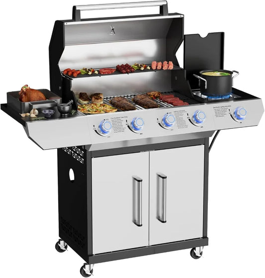 4-Burner Propane Gas Grill with Side Burner – 60,000 BTU Stainless Steel BBQ with LED Knobs - stirhaus