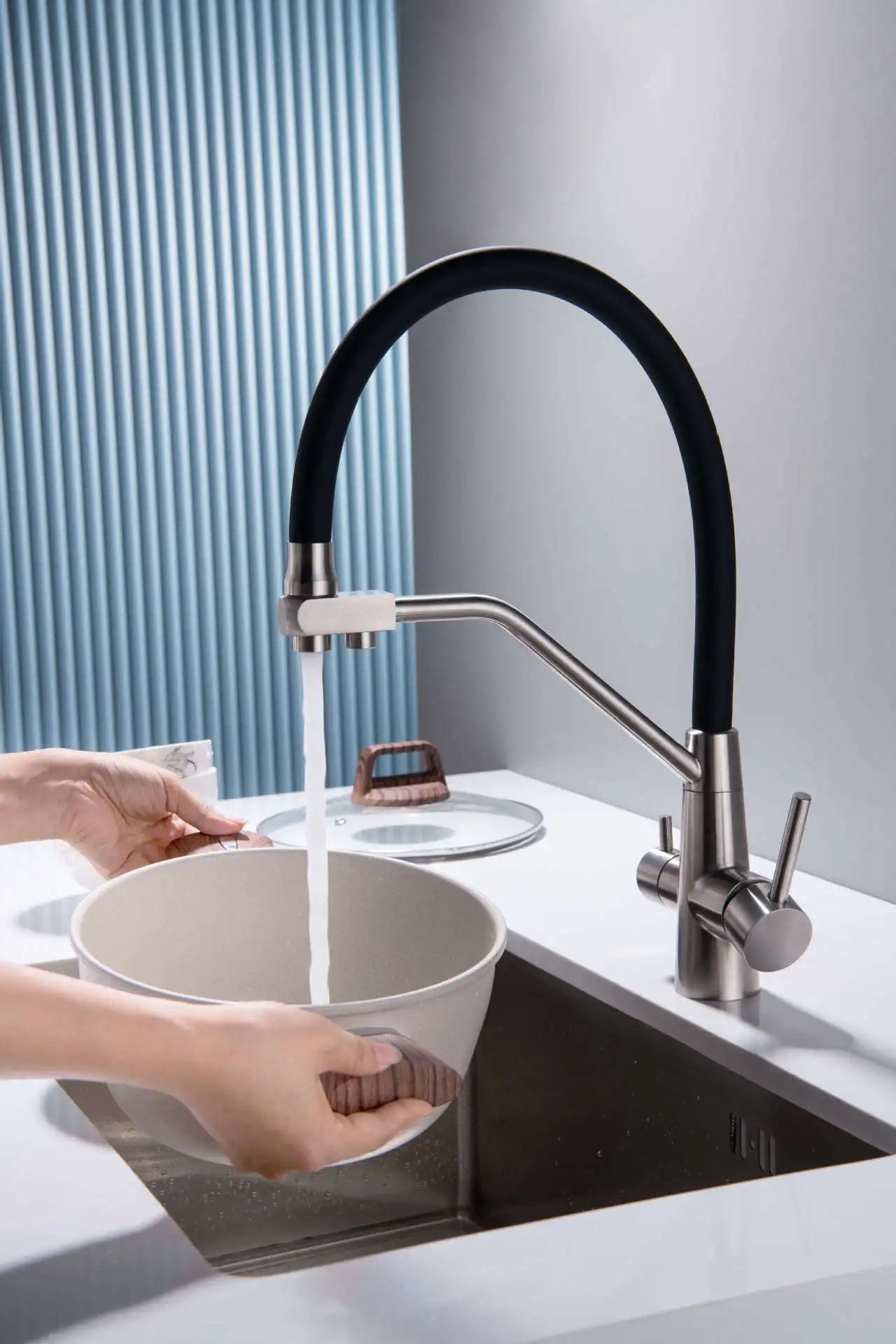 Stainless Steel Kitchen Faucet with Filtered Water, Dual Handle Hot & Cold Mixer - stirhaus