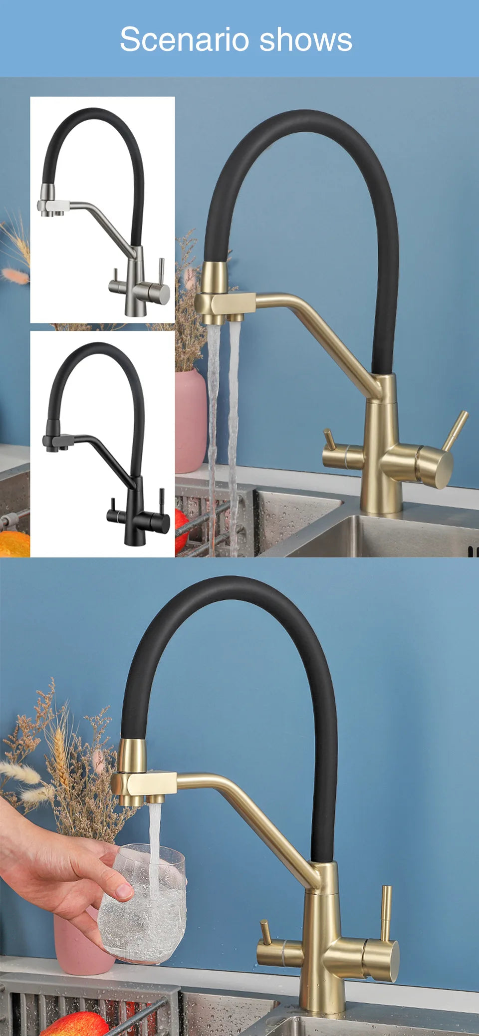 Stainless Steel Kitchen Faucet with Filtered Water, Dual Handle Hot & Cold Mixer - stirhaus