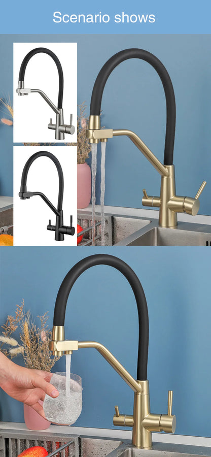 Stainless Steel Kitchen Faucet with Filtered Water, Dual Handle Hot & Cold Mixer - stirhaus