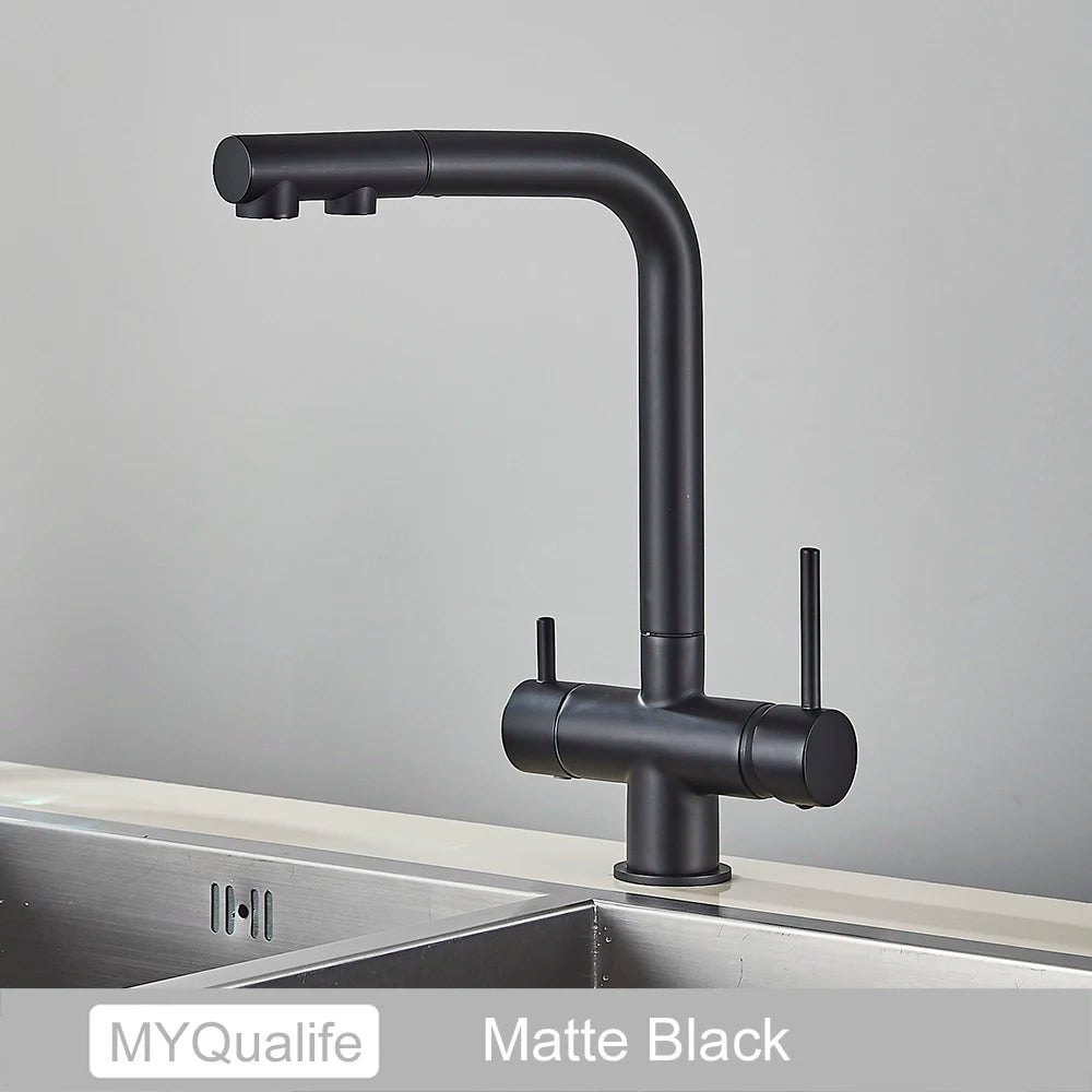 3-Way Kitchen Faucet – Dual Handle Pull-Out Filter Tap for Hot, Cold & Purified Water - stirhaus