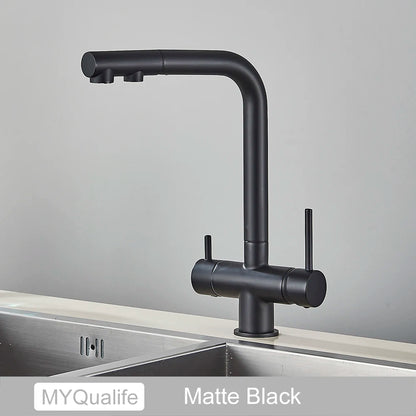3-Way Kitchen Faucet – Dual Handle Pull-Out Filter Tap for Hot, Cold & Purified Water - stirhaus