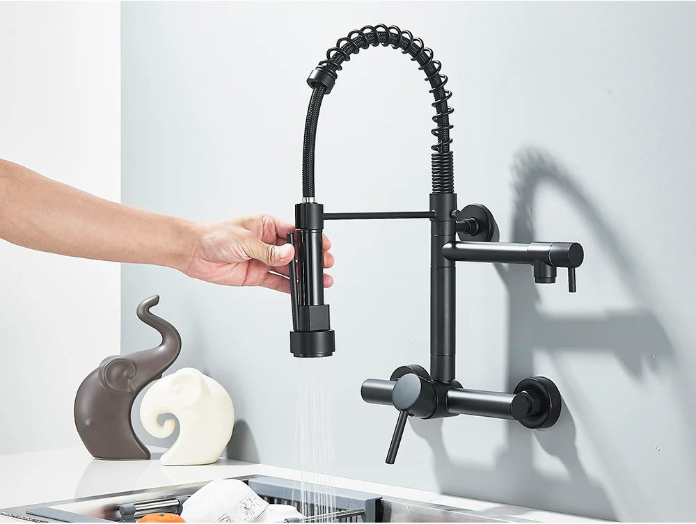 Wall-Mounted Kitchen Faucet with Dual Handles & Spring Swivel Spouts - stirhaus