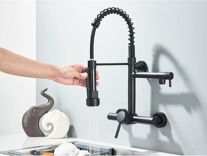 Wall-Mounted Kitchen Faucet with Dual Handles & Spring Swivel Spouts - stirhaus