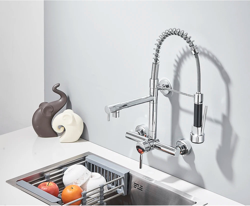 Wall-Mounted Kitchen Faucet with Dual Handles & Spring Swivel Spouts - stirhaus