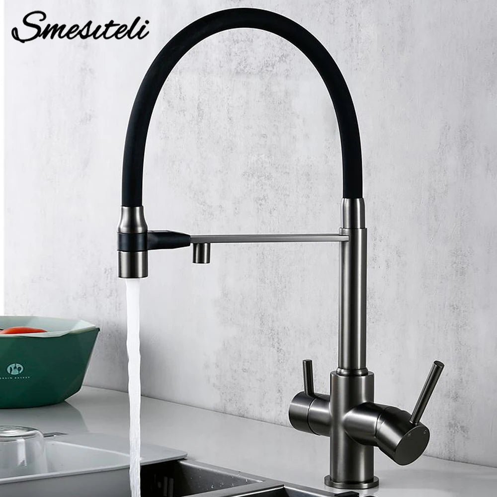 3-Way Kitchen Faucet – Brass Dual Handle Mixer with Pull-Out Dual Spray Nozzle - stirhaus