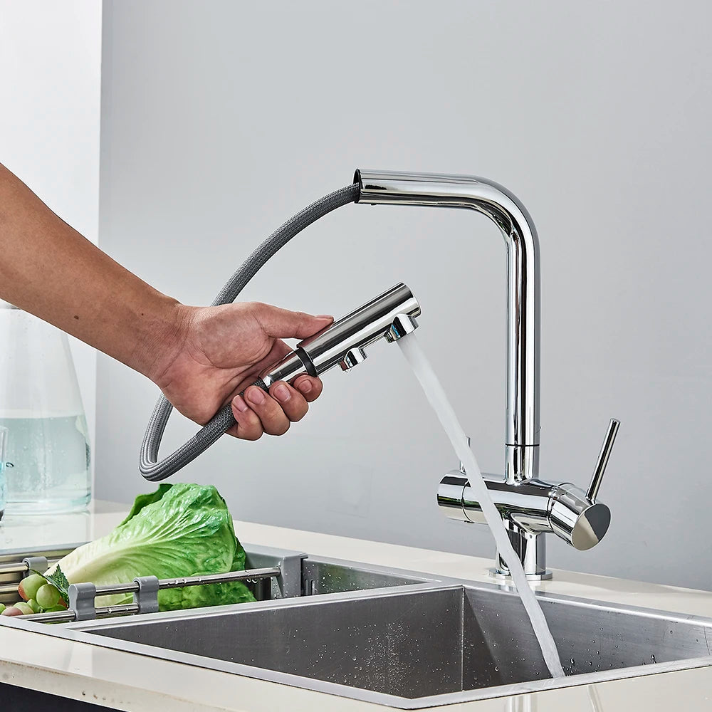 3-Way Kitchen Faucet – Dual Handle Pull-Out Filter Tap for Hot, Cold & Purified Water - stirhaus