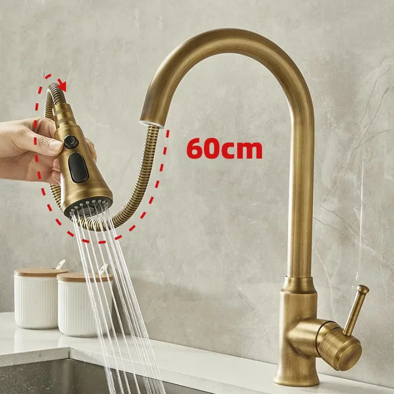Antique Brass Kitchen Faucet with Pull-Out Spout – Single Handle Hot & Cold Mixer - stirhaus