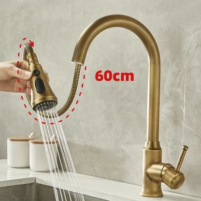 Antique Brass Kitchen Faucet with Pull-Out Spout – Single Handle Hot & Cold Mixer - stirhaus