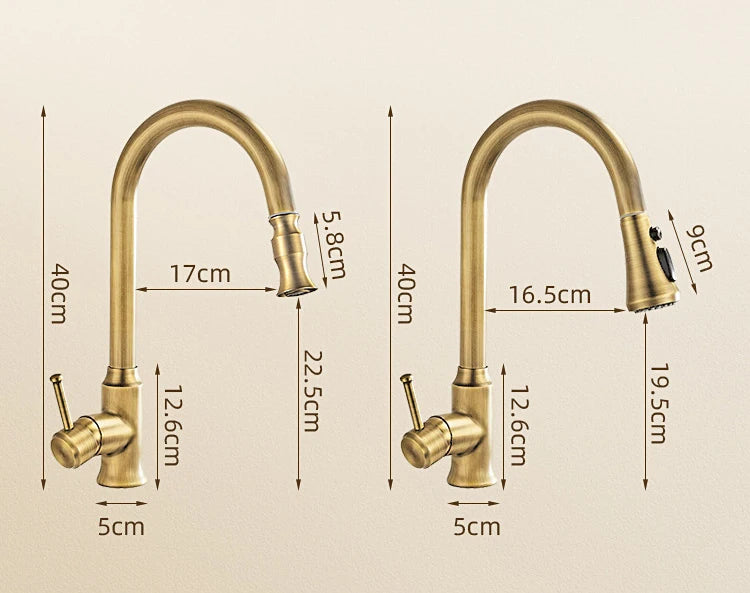Antique Brass Kitchen Faucet with Pull-Out Spout – Single Handle Hot & Cold Mixer - stirhaus