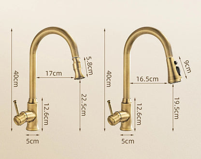 Antique Brass Kitchen Faucet with Pull-Out Spout – Single Handle Hot & Cold Mixer - stirhaus