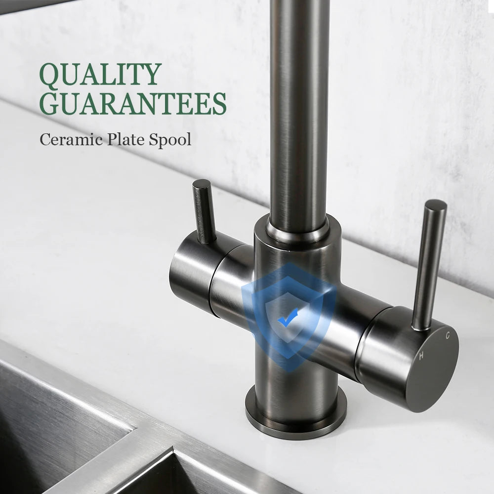 3-Way Kitchen Faucet – Brass Dual Handle Mixer with Pull-Out Dual Spray Nozzle - stirhaus