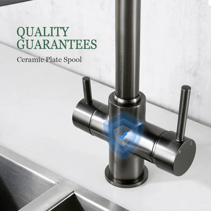 3-Way Kitchen Faucet – Brass Dual Handle Mixer with Pull-Out Dual Spray Nozzle - stirhaus