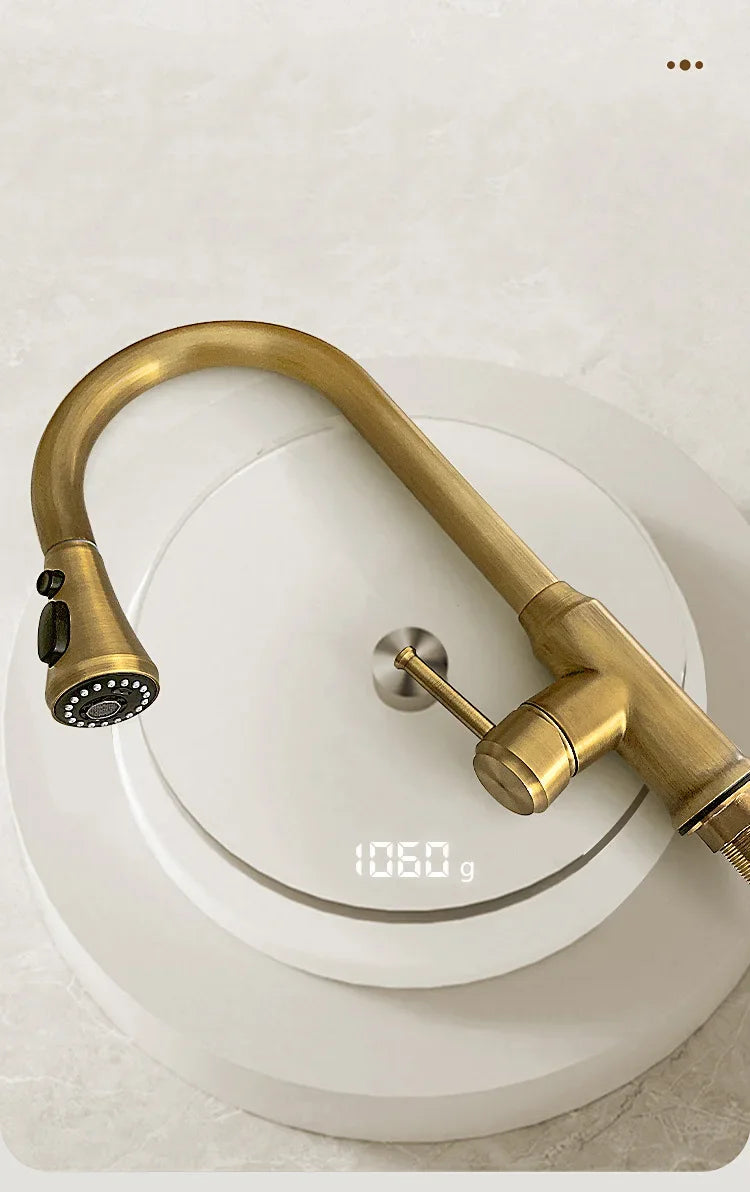Antique Brass Kitchen Faucet with Pull-Out Spout – Single Handle Hot & Cold Mixer - stirhaus
