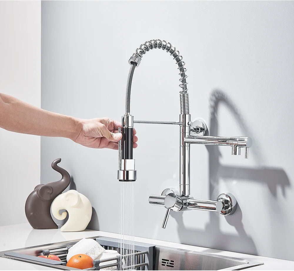 Wall-Mounted Kitchen Faucet with Dual Handles & Spring Swivel Spouts - stirhaus