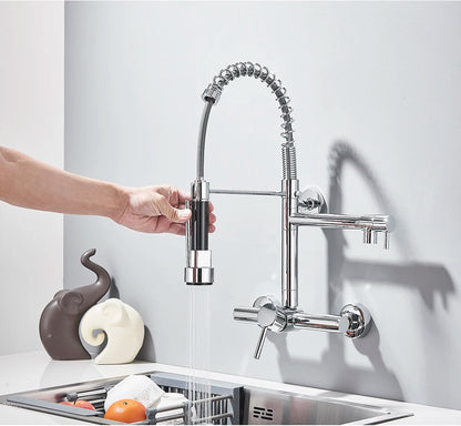 Wall-Mounted Kitchen Faucet with Dual Handles & Spring Swivel Spouts - stirhaus