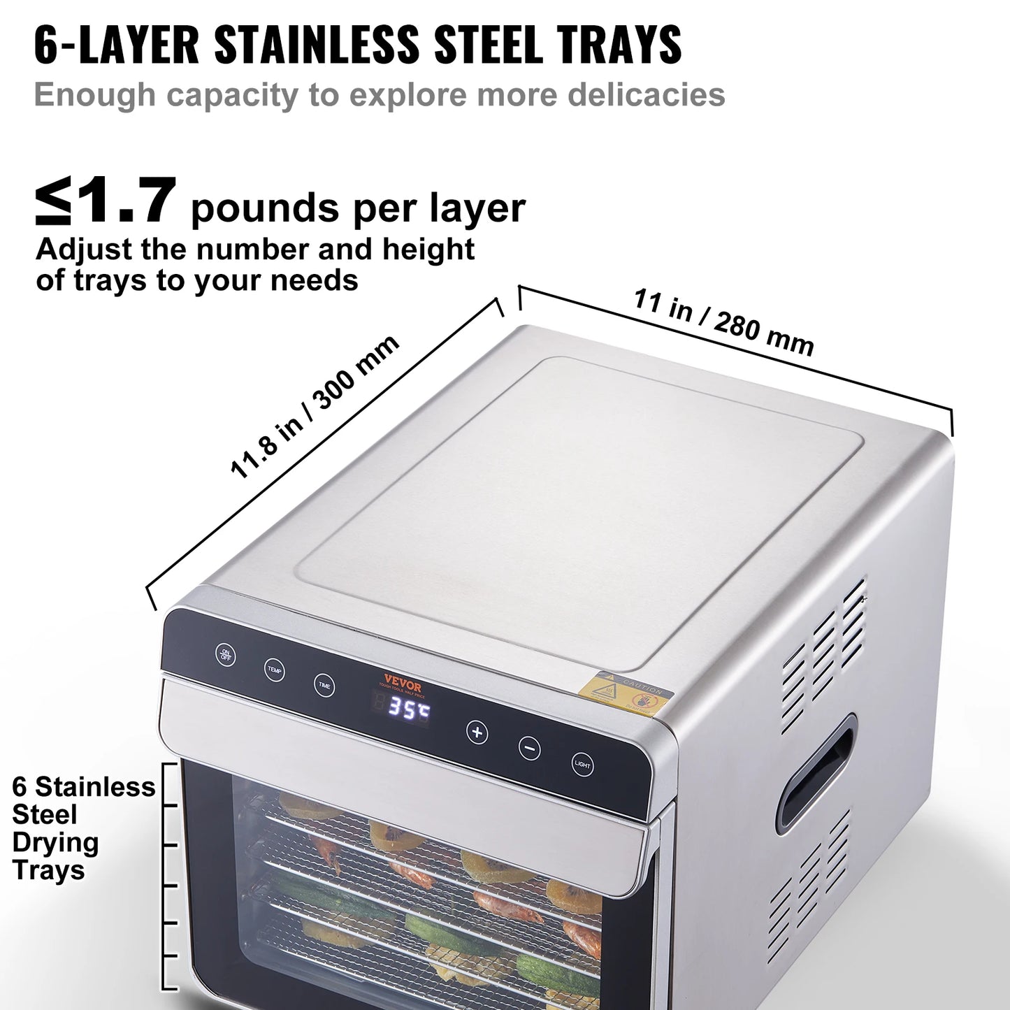 6-Tray Stainless Steel Food Dehydrator – 700W Electric Dryer with Timer & Temperature Control - stirhaus
