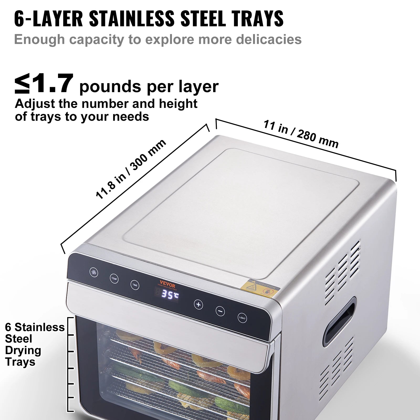 6-Tray Stainless Steel Food Dehydrator – 700W Electric Dryer with Timer & Temperature Control - stirhaus