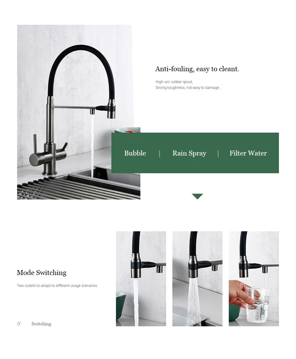 3-Way Kitchen Faucet – Brass Dual Handle Mixer with Pull-Out Dual Spray Nozzle - stirhaus