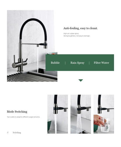 3-Way Kitchen Faucet – Brass Dual Handle Mixer with Pull-Out Dual Spray Nozzle - stirhaus