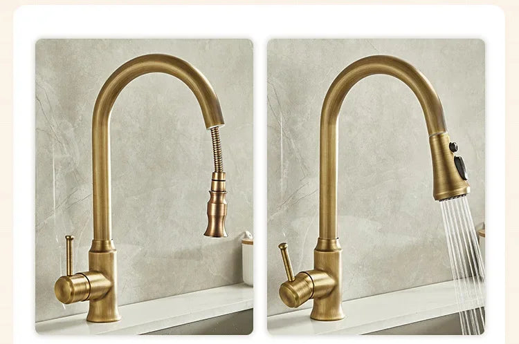Antique Brass Kitchen Faucet with Pull-Out Spout – Single Handle Hot & Cold Mixer - stirhaus