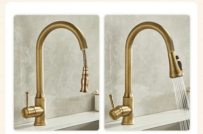 Antique Brass Kitchen Faucet with Pull-Out Spout – Single Handle Hot & Cold Mixer - stirhaus