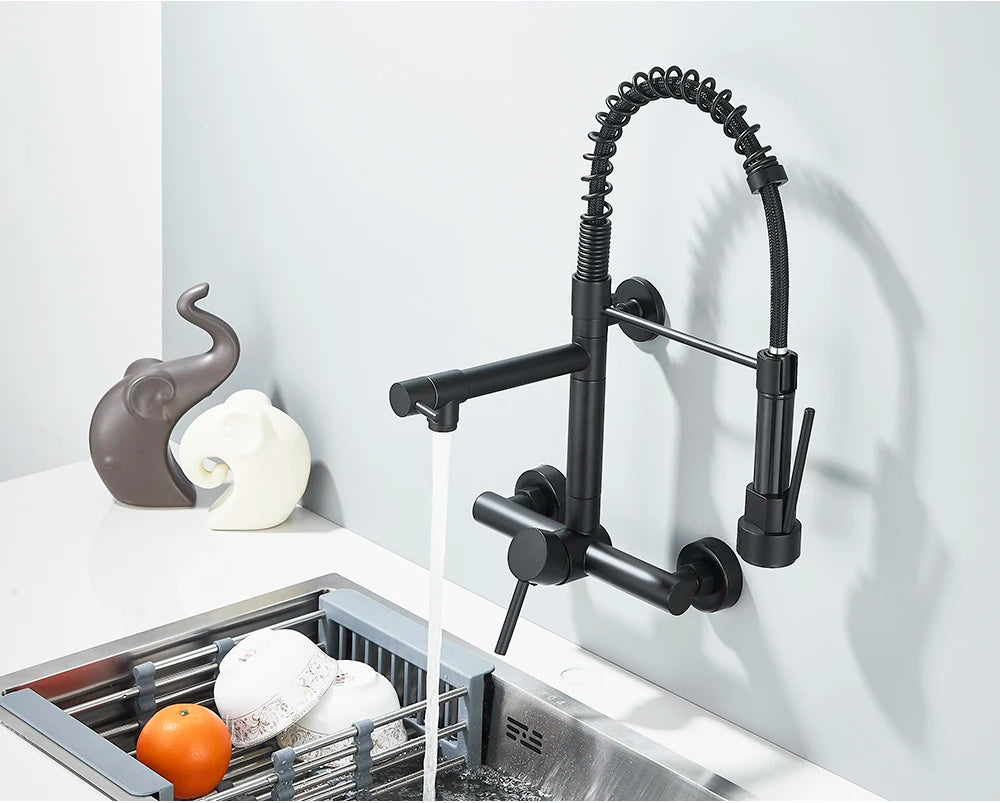 Wall-Mounted Kitchen Faucet with Dual Handles & Spring Swivel Spouts - stirhaus