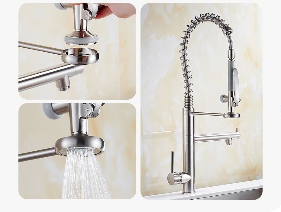 Chrome Brass Kitchen Faucet – Tall Pull-Out Spray, 360° Swivel, Single Handle Mixer (MH-4829) - stirhaus