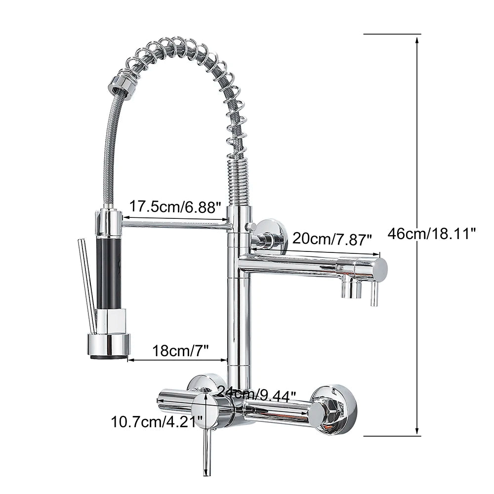 Wall-Mounted Kitchen Faucet with Dual Handles & Spring Swivel Spouts - stirhaus