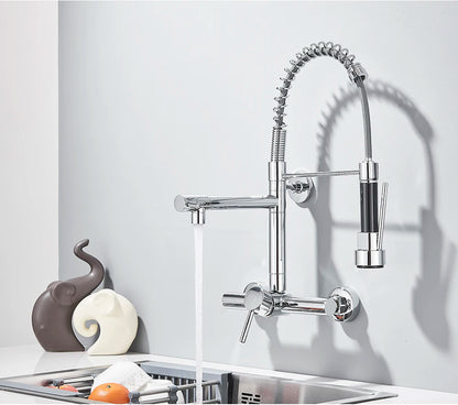 Wall-Mounted Kitchen Faucet with Dual Handles & Spring Swivel Spouts - stirhaus
