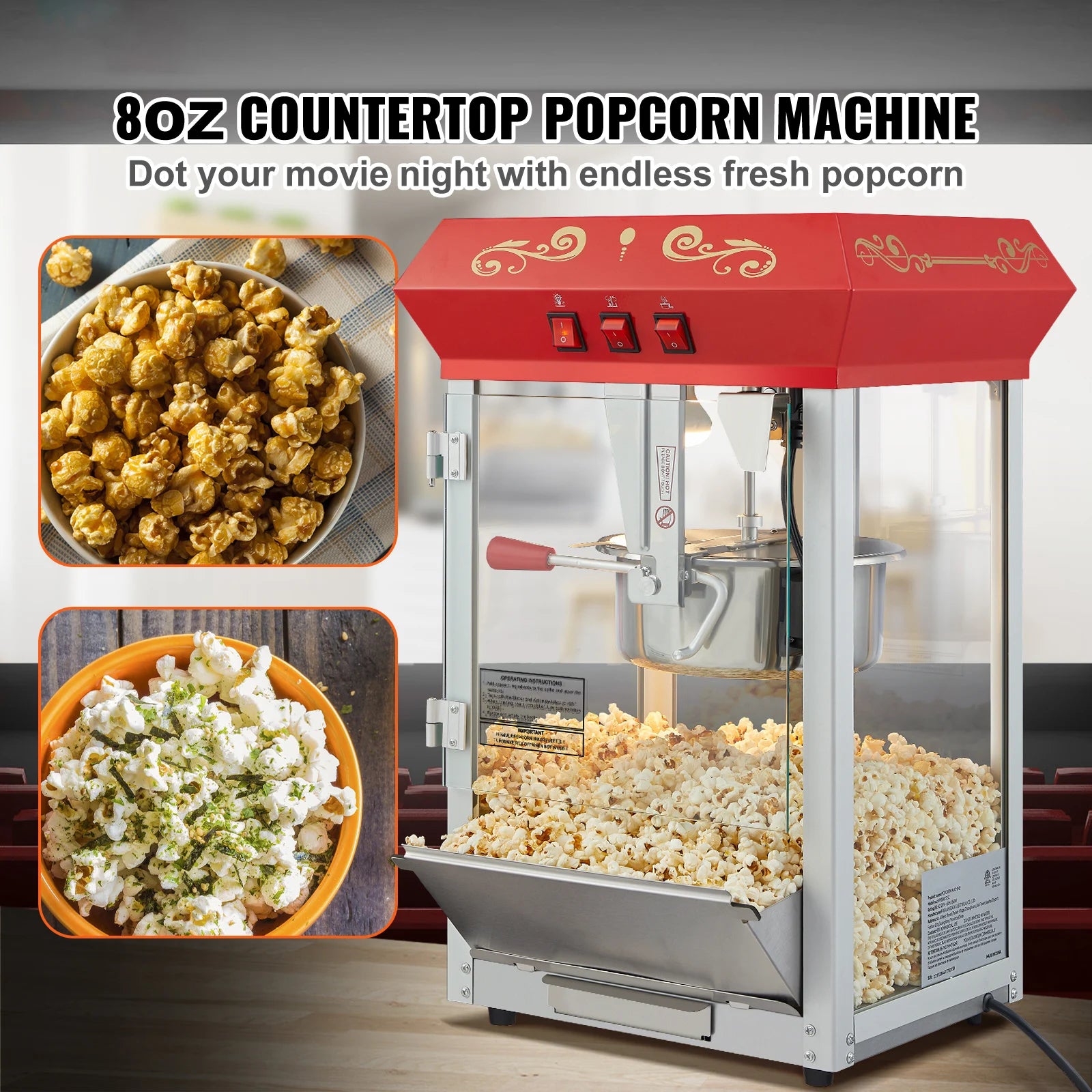 Electric Popcorn Maker – 8oz & 12oz Commercial Popper Machine with SUS304 Heating Tube, Scoop & Spoon - stirhaus
