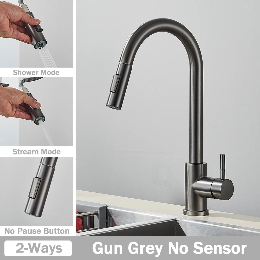 Smart Touch Kitchen Faucet – Brushed Gold Pull Down Sensor Tap with 360° Rotation & Dual Spray - stirhaus