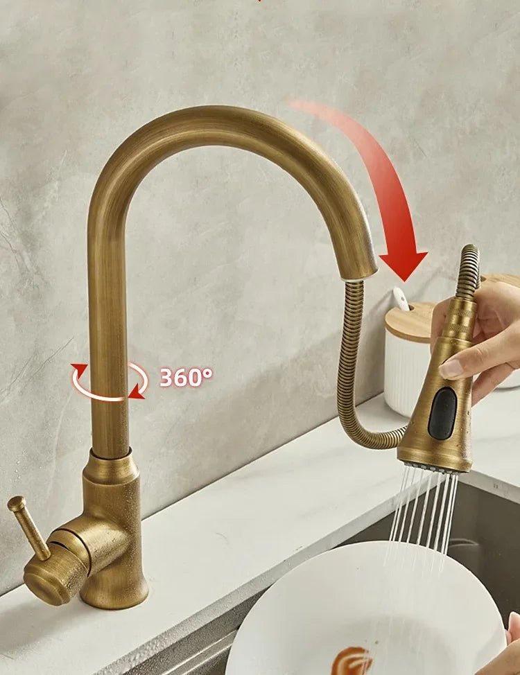 Antique Brass Kitchen Faucet with Pull-Out Spout – Single Handle Hot & Cold Mixer - stirhaus
