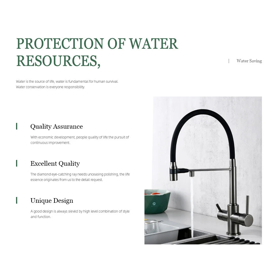 3-Way Kitchen Faucet – Brass Dual Handle Mixer with Pull-Out Dual Spray Nozzle - stirhaus