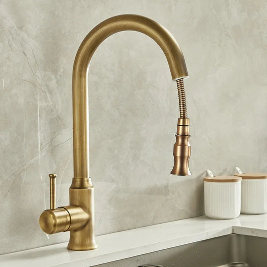 Antique Brass Kitchen Faucet with Pull-Out Spout – Single Handle Hot & Cold Mixer - stirhaus