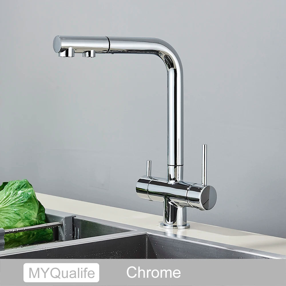 3-Way Kitchen Faucet – Dual Handle Pull-Out Filter Tap for Hot, Cold & Purified Water - stirhaus