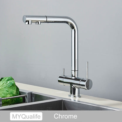 3-Way Kitchen Faucet – Dual Handle Pull-Out Filter Tap for Hot, Cold & Purified Water - stirhaus