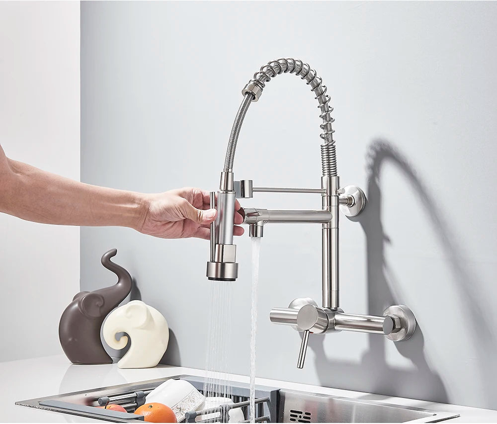 Wall-Mounted Kitchen Faucet with Dual Handles & Spring Swivel Spouts - stirhaus