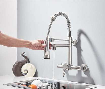 Wall-Mounted Kitchen Faucet with Dual Handles & Spring Swivel Spouts - stirhaus
