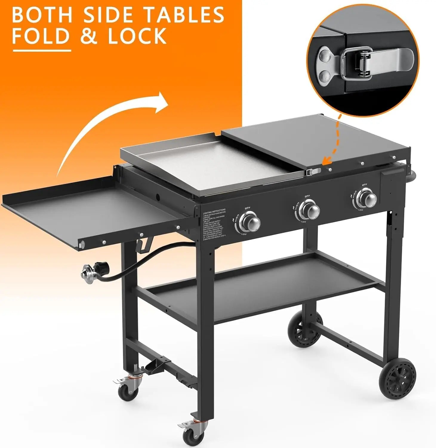 31.5" Outdoor Propane Gas Griddle – 3-Burner 45,000 BTU Portable Flat Top Grill with Foldable Shelves - stirhaus