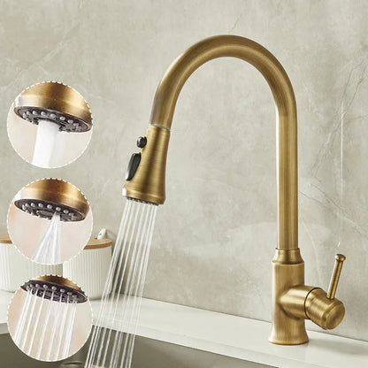 Antique Brass Kitchen Faucet with Pull-Out Spout – Single Handle Hot & Cold Mixer - stirhaus