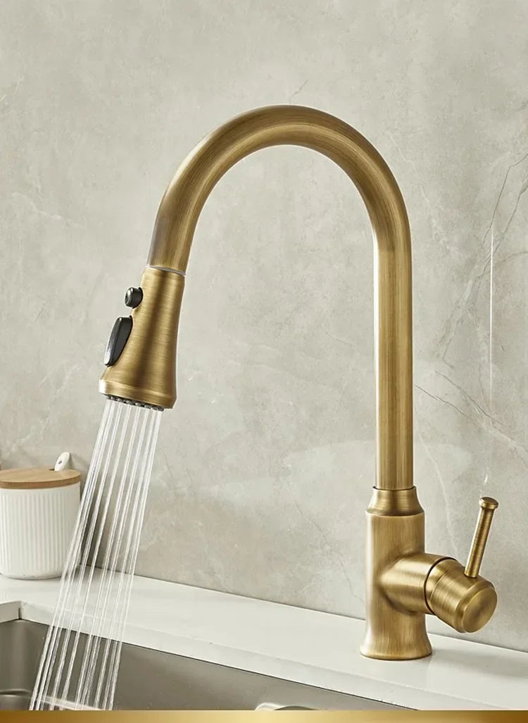 Antique Brass Kitchen Faucet with Pull-Out Spout – Single Handle Hot & Cold Mixer - stirhaus