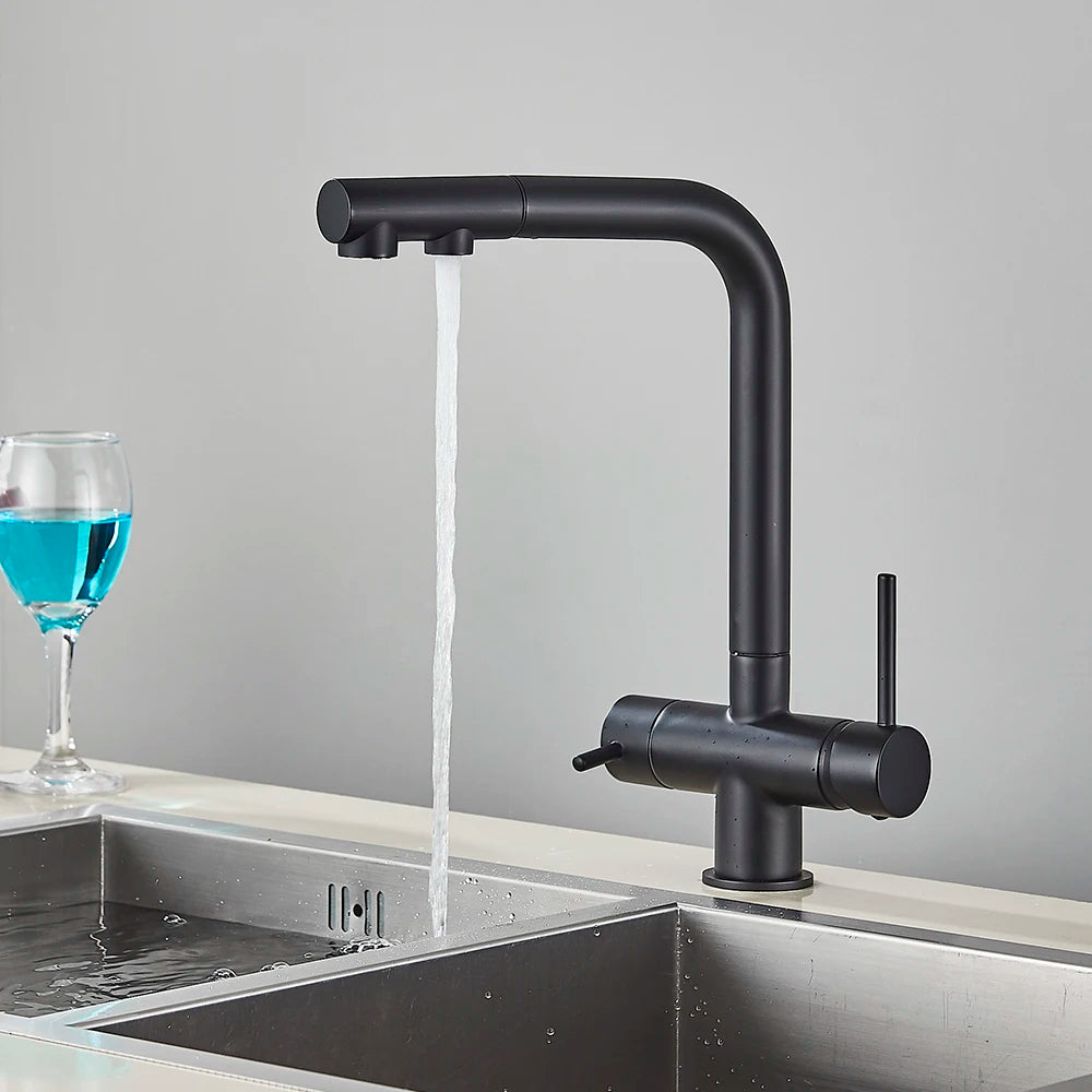 3-Way Kitchen Faucet – Dual Handle Pull-Out Filter Tap for Hot, Cold & Purified Water - stirhaus