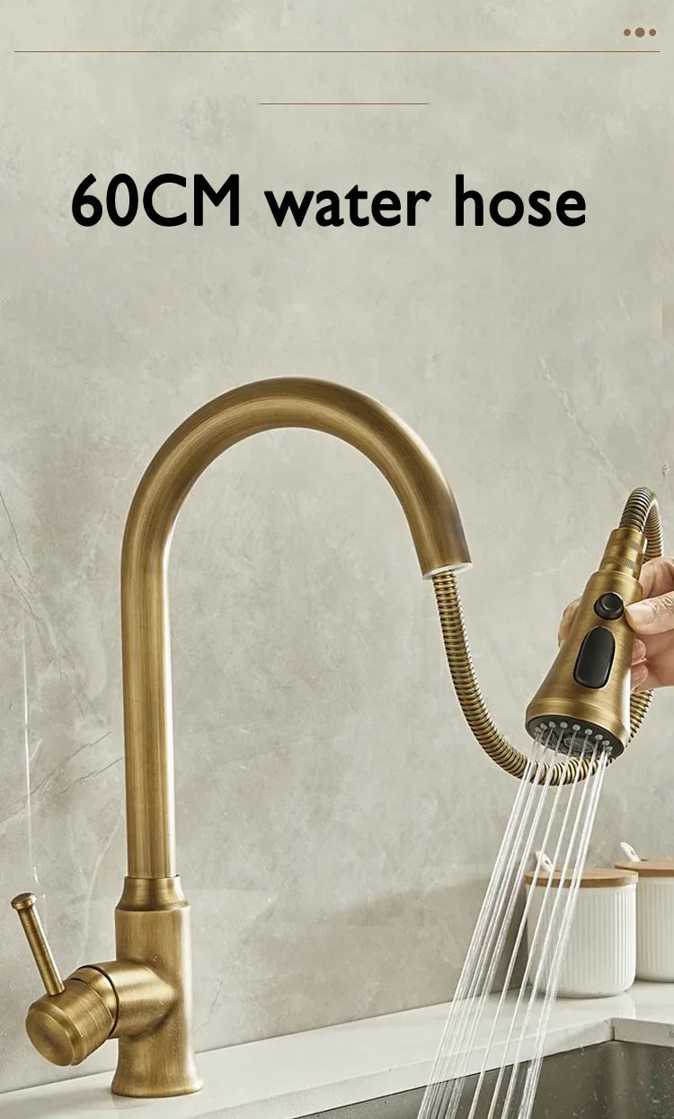Antique Brass Kitchen Faucet with Pull-Out Spout – Single Handle Hot & Cold Mixer - stirhaus