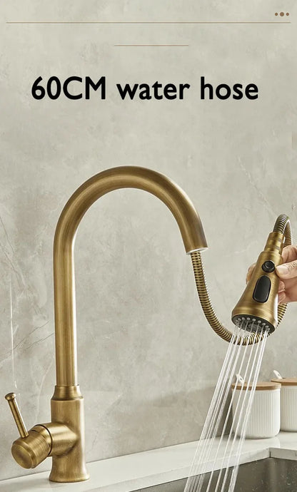 Antique Brass Kitchen Faucet with Pull-Out Spout – Single Handle Hot & Cold Mixer - stirhaus