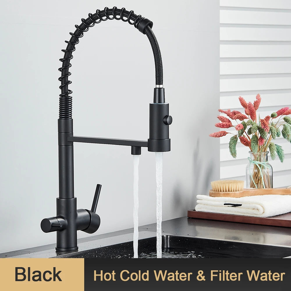 Pull-Down 3-Way Kitchen Faucet – Brass Filter Tap with Hot, Cold & Purified Water - stirhaus