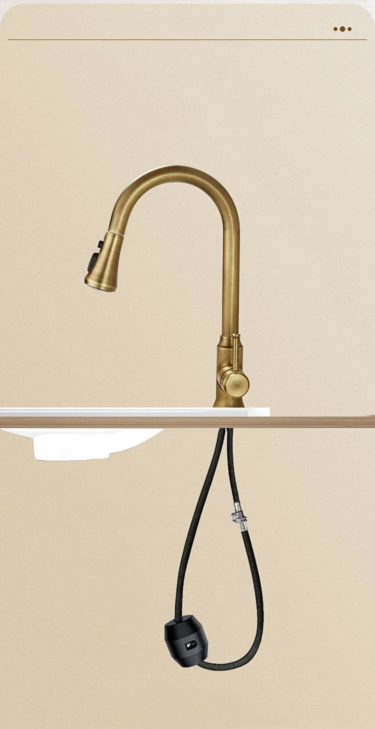 Antique Brass Kitchen Faucet with Pull-Out Spout – Single Handle Hot & Cold Mixer - stirhaus