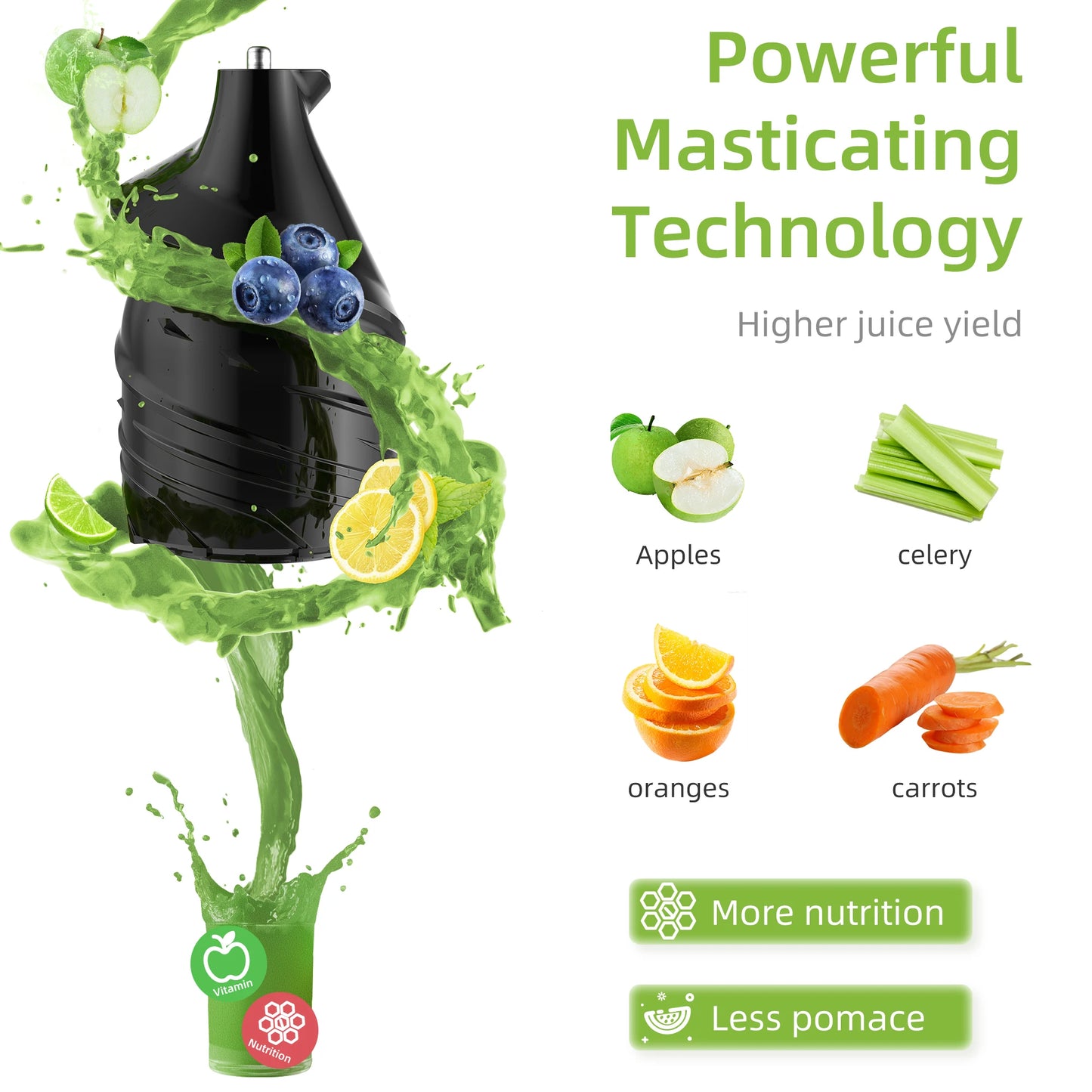 Cold Press Juicer with Wide Feed Chute – 200W Slow Masticating Juice Extractor - stirhaus