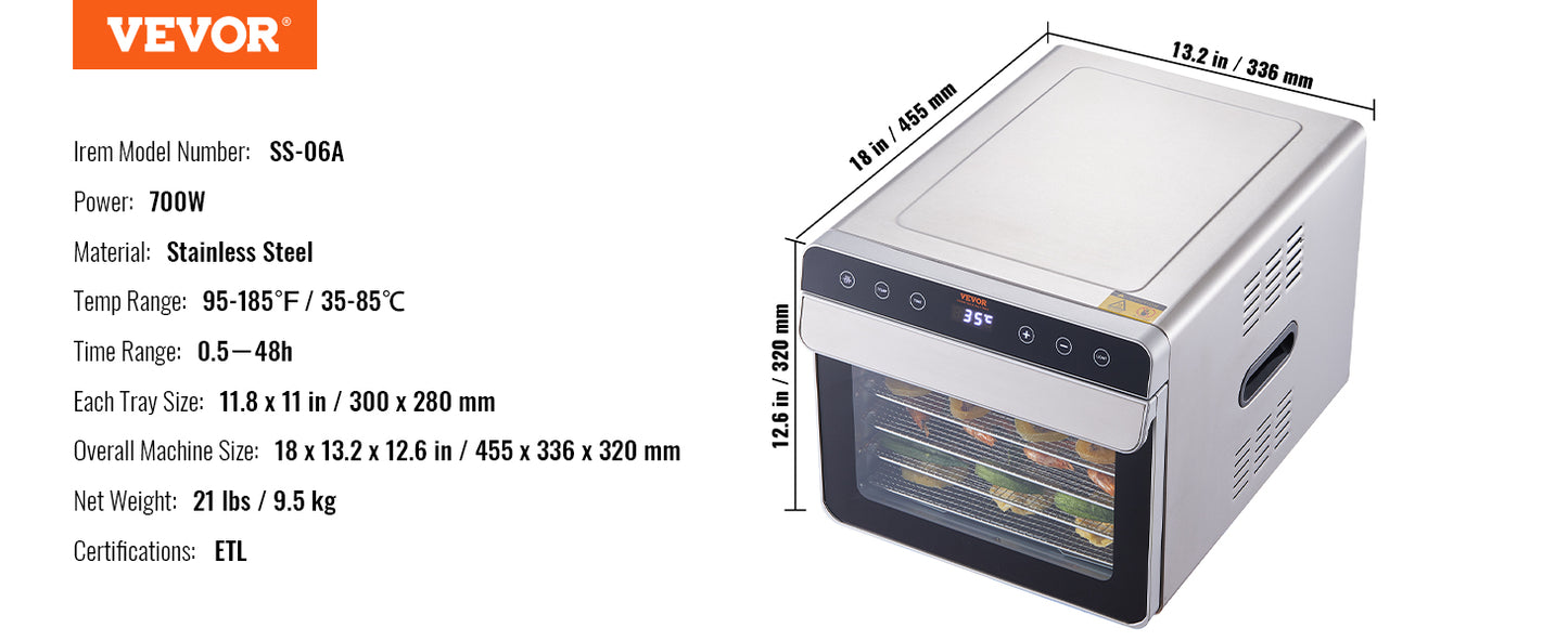6-Tray Stainless Steel Food Dehydrator – 700W Electric Dryer with Timer & Temperature Control - stirhaus